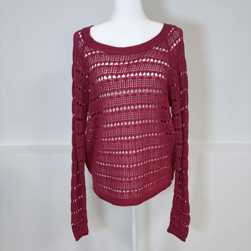 Aeropostale Burgundy Open Knit Crochet Scoop Neck Long Sleeve Sweater Women XL